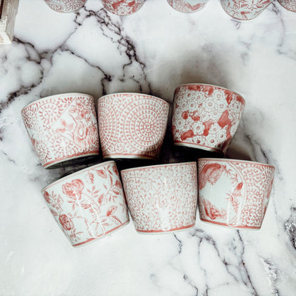 Mini Pink Hand-Painted Porcelain Cachepots Set Of 6 Decorative Planters