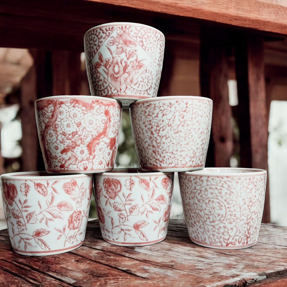 Mini Pink Hand-Painted Porcelain Cachepots Set Of 6 Decorative Planters