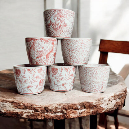Mini Pink Hand-Painted Porcelain Cachepots Set Of 6 Decorative Planters