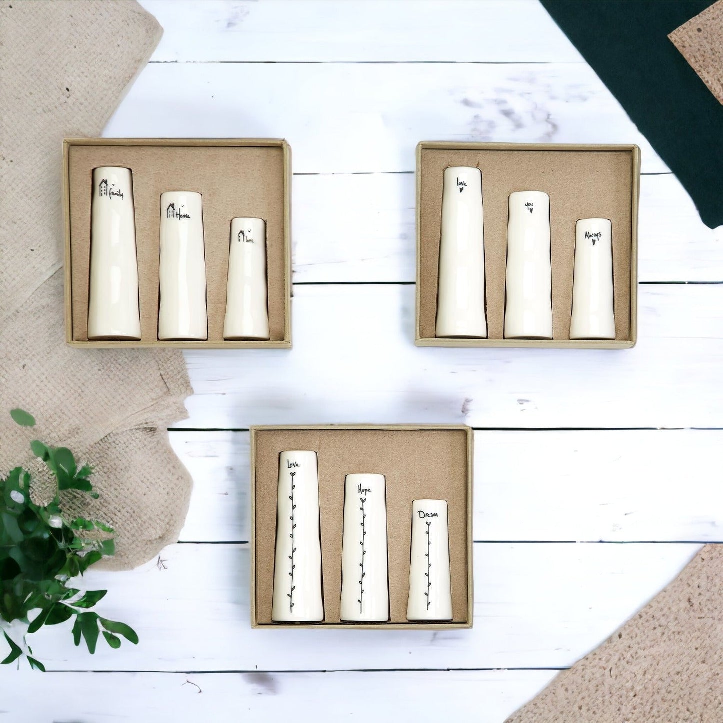 Mini Porcelain Vase Gift Set 3 White Glazed Bud Vases In Gift Box