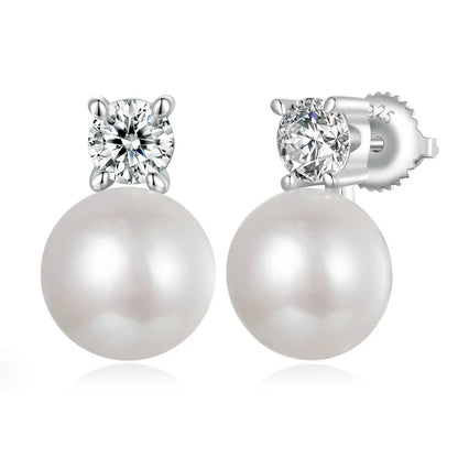 Moissanite 925 Sterling Silver Freshwater Pearl Stud Earrings VVS1 Lab Diamond