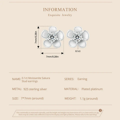 Moissanite 925 Sterling Silver Sakura Stud Earrings VVS1 Screw Back