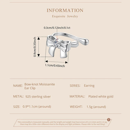 Moissanite Bowknot Stud Earrings S925 Silver Clip-On Wedding Engagement Gift