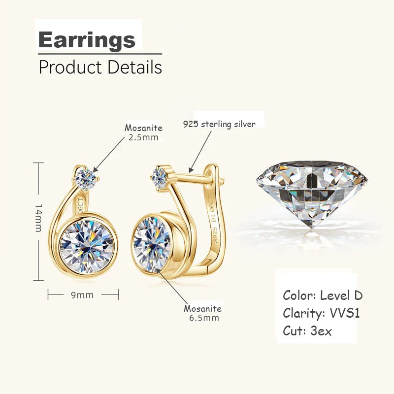 Moissanite Clip Hoop Earrings 925 Sterling Silver D-Color White Round Cut