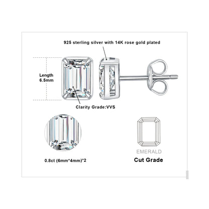 Moissanite D Color 1.6ct Pair Emerald Cut 925 Sterling Silver Stud Earrings