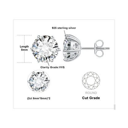 Moissanite D Color Round Solitaire Stud Earrings 0.6-6ct Sterling Silver