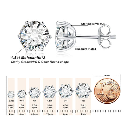 Moissanite D Color Round Solitaire Stud Earrings 0.6-6ct Sterling Silver