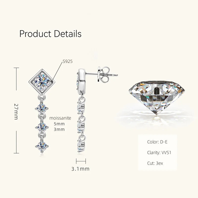 Moissanite Drop Earrings Round D Full Cut Solitaire 925 Sterling Silver