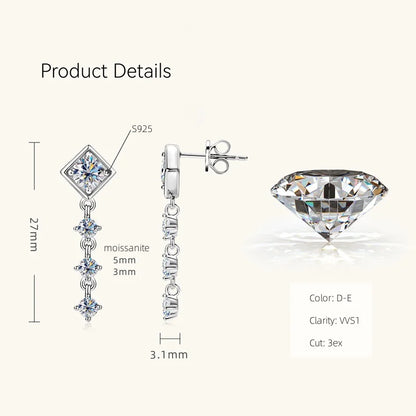 Moissanite Drop Earrings Round D Full Cut Solitaire 925 Sterling Silver