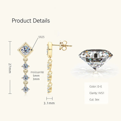 Moissanite Drop Earrings Round D Full Cut Solitaire 925 Sterling Silver