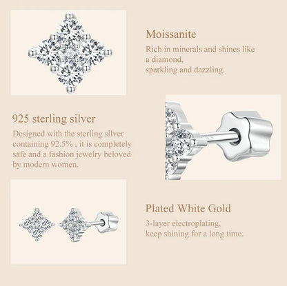 Moissanite Four-Leaf Clover Stud Earrings 925 Silver Screw Back Mom Gift