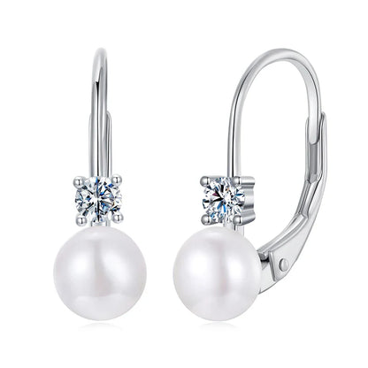 Moissanite Freshwater Pearl Drop Earrings 925 Sterling Silver Round Cut Dangle