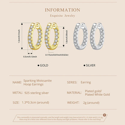 Moissanite Gold Hoop Earrings 925 Sterling Silver D-Color Round Hypoallergenic