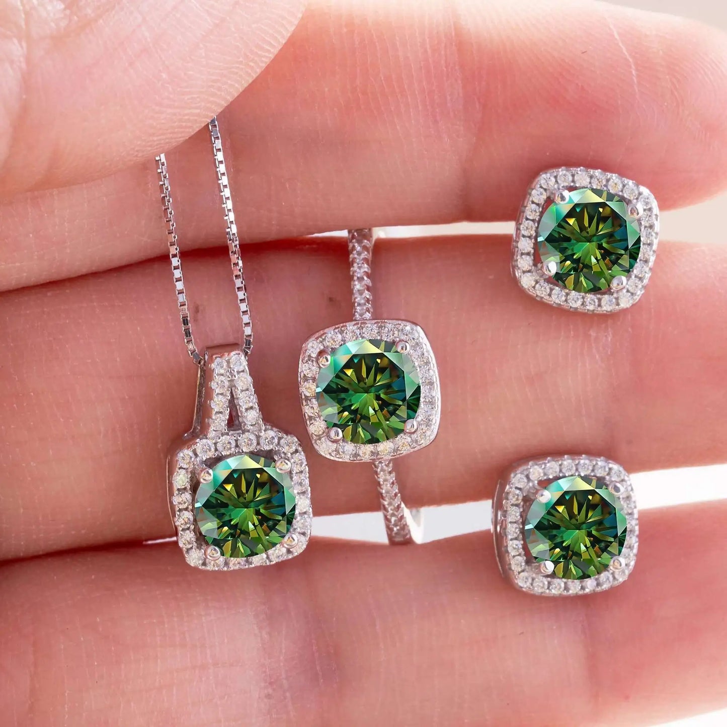 Moissanite D Color Round Cut 925 Sterling Silver Pendant Necklace and Studs Set