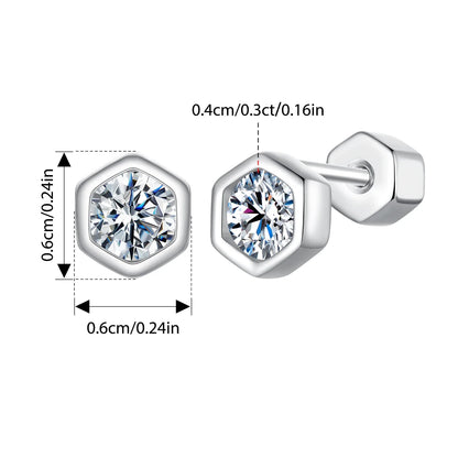 Moissanite Hexagonal Stud Earrings 925 Silver Screw-Back Bezel Gift