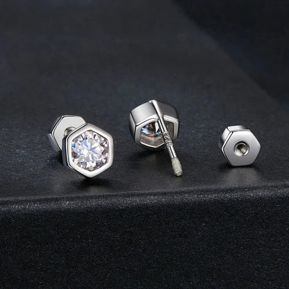 Moissanite Hexagonal Stud Earrings 925 Silver Screw-Back Bezel Gift