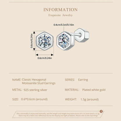 Moissanite Hexagonal Stud Earrings 925 Silver Screw-Back Bezel Gift