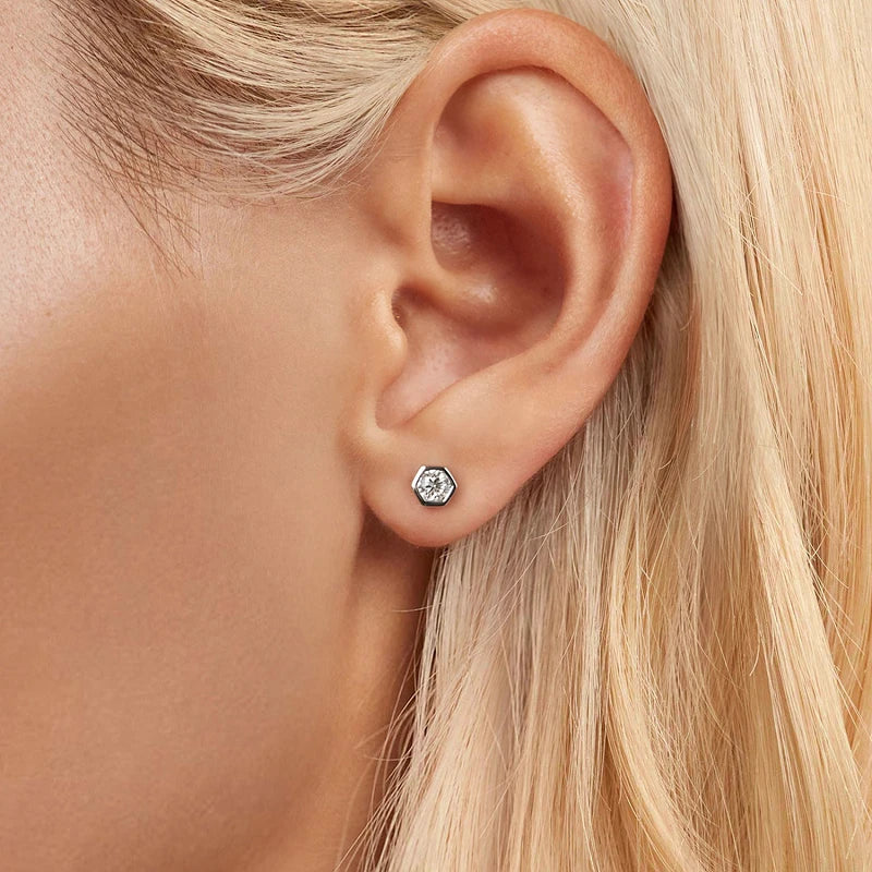Moissanite Hexagonal Stud Earrings 925 Silver Screw-Back Bezel Gift
