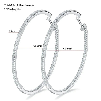 Moissanite Hoop Earrings 30/50mm Sterling Silver 925 Bridal Wedding Hoops