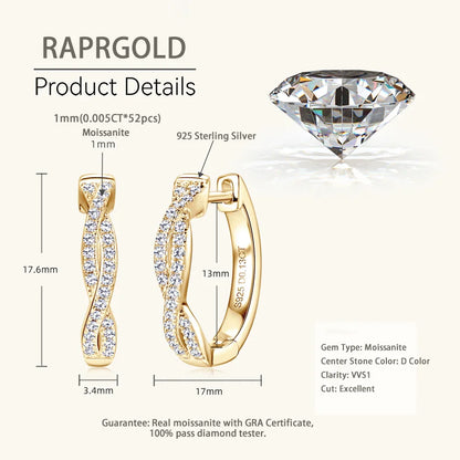 Moissanite Hoop Earrings 925 Sterling Silver Twist Small Hoops For Women