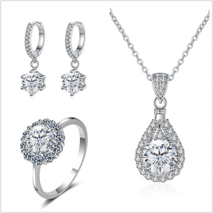 Moissanite Jewelry Set 925 Sterling Silver Ring Earring Pendant Necklace Bridal
