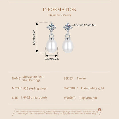 Moissanite Pearl Drop Earrings 925 Sterling Silver 0.1ct Each