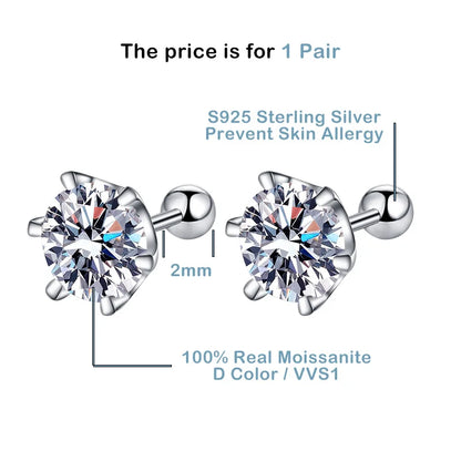Moissanite Screw Stud Earrings D Color 6-Prong 925 Sterling Silver Wedding