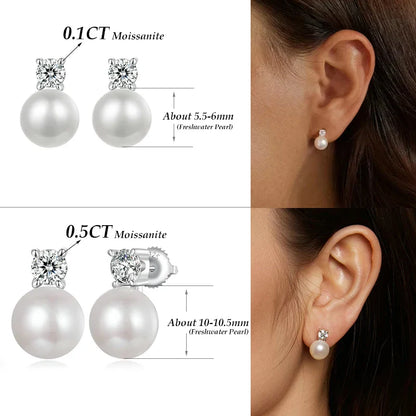 Moissanite 925 Sterling Silver Freshwater Pearl Stud Earrings VVS1 Lab Diamond