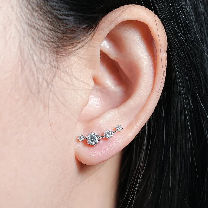 Moissanite Stud Climber Earrings 925 Sterling Silver Round For Women Gift Box