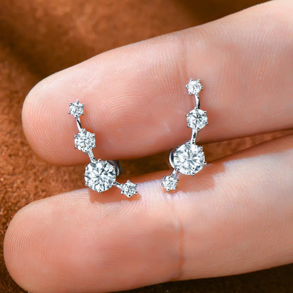 Moissanite Stud Climber Earrings 925 Sterling Silver Round For Women Gift Box