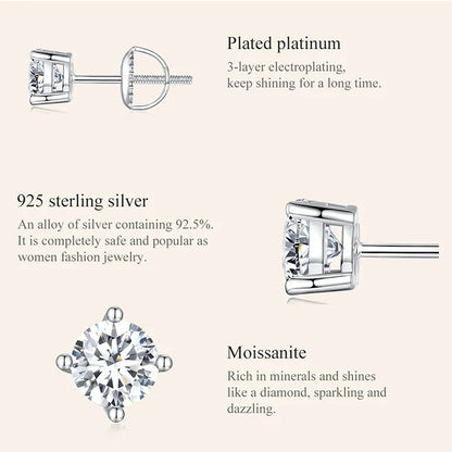 Moissanite Stud Earrings 2CT VVS1 925 Sterling Silver Screw Back Classic