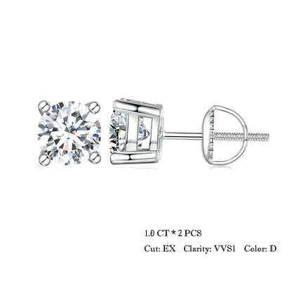 Moissanite Stud Earrings 2CT VVS1 925 Sterling Silver Screw Back Classic
