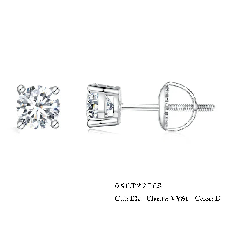 Moissanite Stud Earrings 2CT VVS1 925 Sterling Silver Screw Back Classic