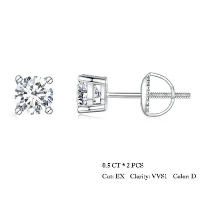 Moissanite Stud Earrings 2CT VVS1 925 Sterling Silver Screw Back Classic