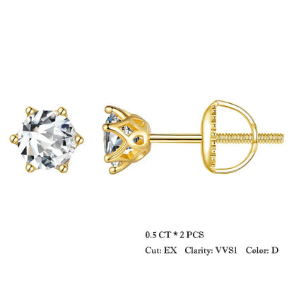 Moissanite Stud Earrings S925 Sterling Silver 6-Prong Round D Color 18K Bridal