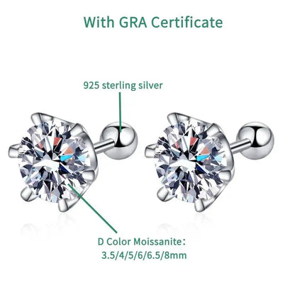 Moissanite Stud Earrings 925 Sterling Silver White Gold Plated D VVS1 Round