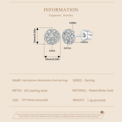 Moissanite Stud Earrings 925 Sterling Silver Hemisphere Dazzling For Mom
