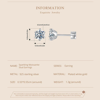 Moissanite Stud Earrings 925 Sterling Silver White Gold Plated Huggie Screwback