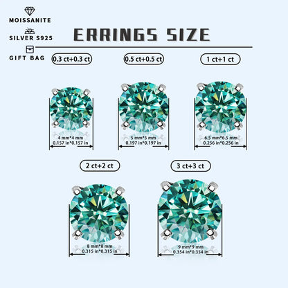 Moissanite Stud Earrings 0.3-3ct Certified S925 Sterling Silver Cyan Colorfast