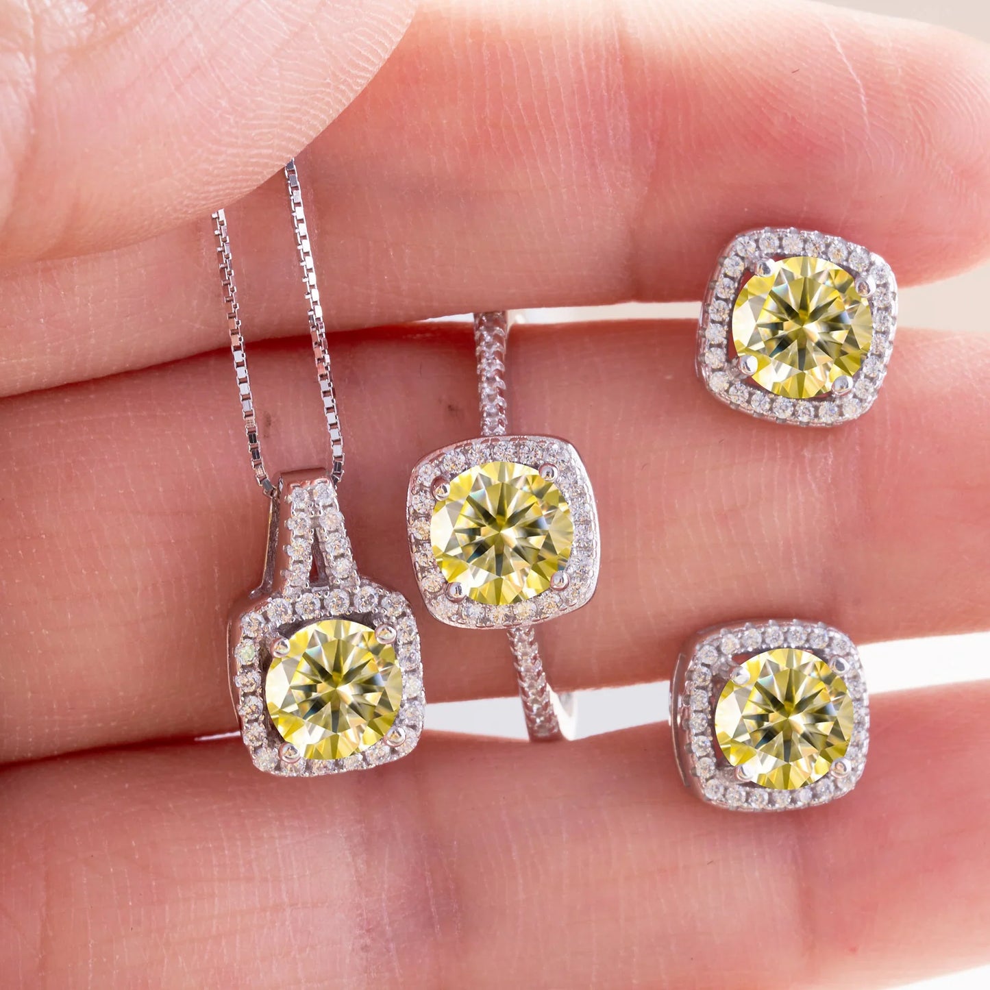 Moissanite D Color Round Cut 925 Sterling Silver Pendant Necklace and Studs Set