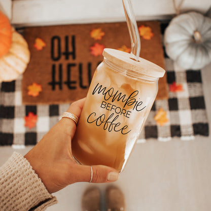 Mombie 20oz Glass Tumbler With Bamboo Lid Stainless Straws Coffee Hocus Pocus I Need Coffee