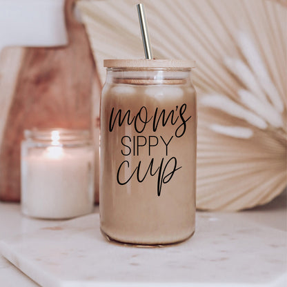 Mom's Sippy 17oz Glass Tumbler With Bamboo Lid 2 Stainless Straws And Cleaner