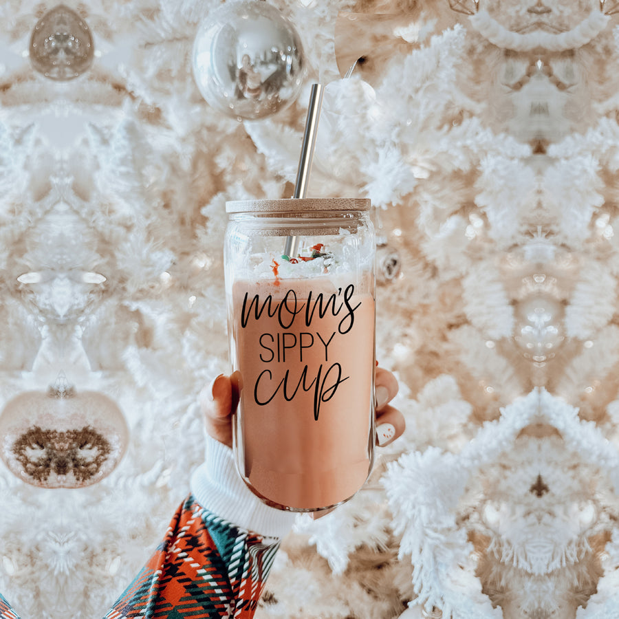 Mom's Sippy 17oz Glass Tumbler With Bamboo Lid 2 Stainless Straws And Cleaner