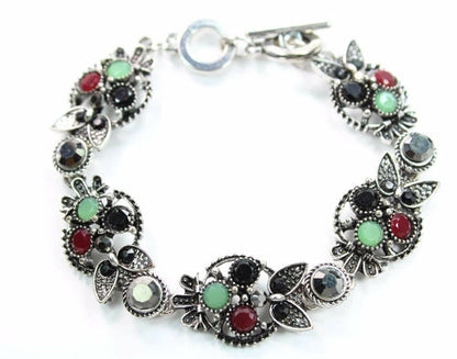 Multi Crystal Owl Bracelet Silver Vintage Gemstone Charm