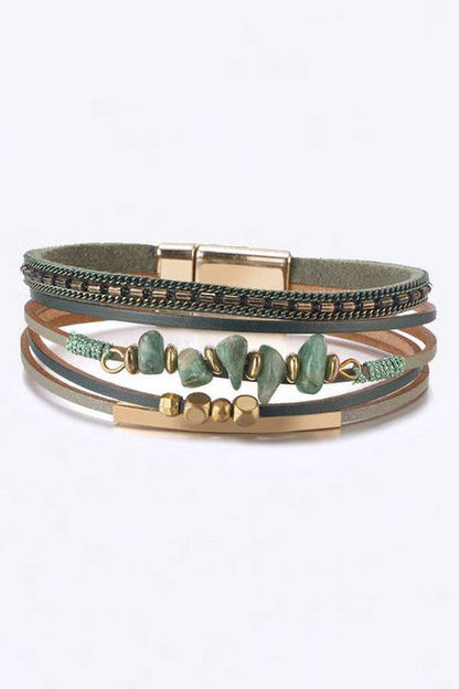 Multilayer Red Leather Beaded Magnetic Wrap Bracelet