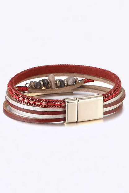 Multilayer Red Leather Beaded Magnetic Wrap Bracelet