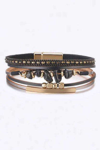 Multilayer Red Leather Beaded Magnetic Wrap Bracelet