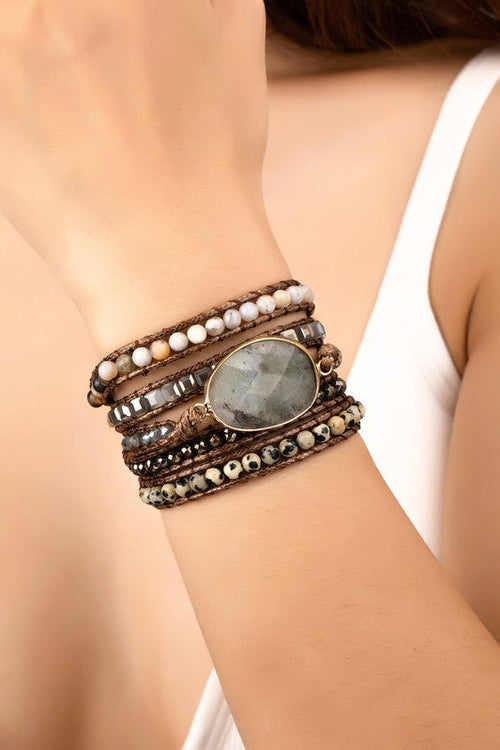 Natural Stone Boho Wrap Bracelet Adjustable Beaded Layered