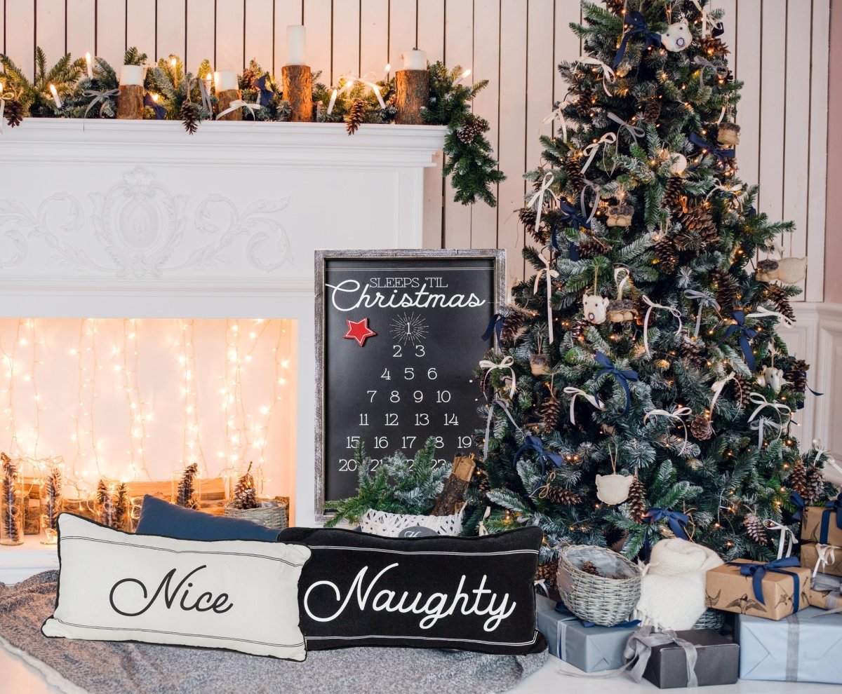 Naughty Or Nice Reversible Canvas Throw Pillow Black White Double Sided Holiday Decorative Accent