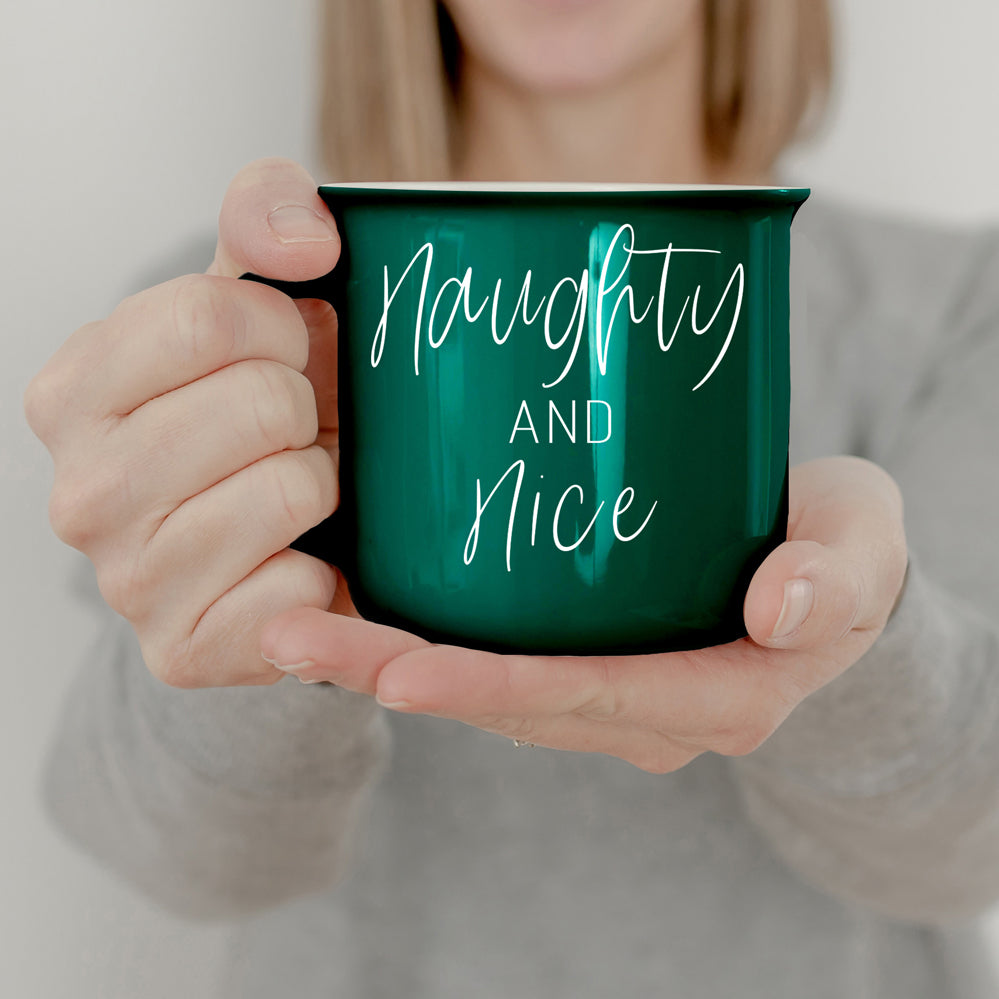 Naughty And Nice Coffee Mug Ceramic Campfire Style 14.5oz Red Or Green Double Side Design
